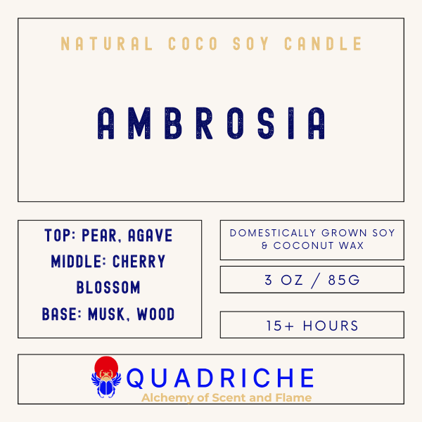 Product label for 'Ambrosia' travel discovery candle by Quadriche with details on scent, wax type, weight, and burn time.