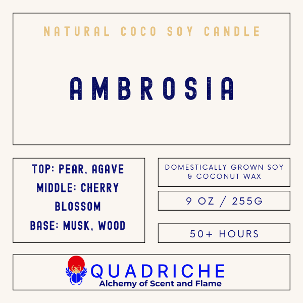 Label for a natural coco soy candle named 'Ambrosia' by Quadriche.