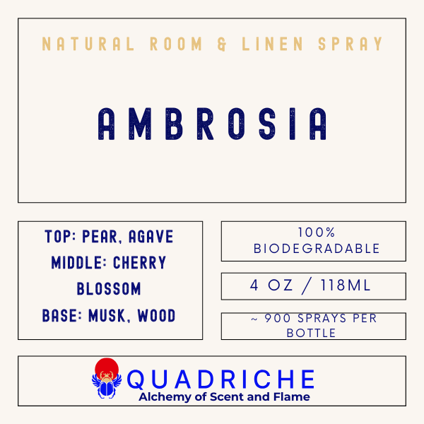 Quadriche Ambrosia natural room and linen spray label with product details.