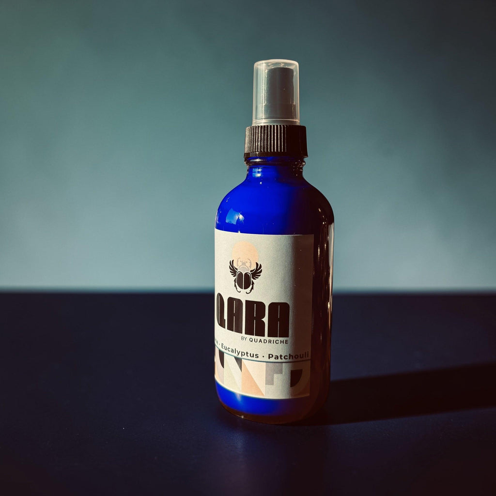 Dew QARA by Quadriche room & linen fresh ozone apple scented spray in cobalt blue glass spray bottle