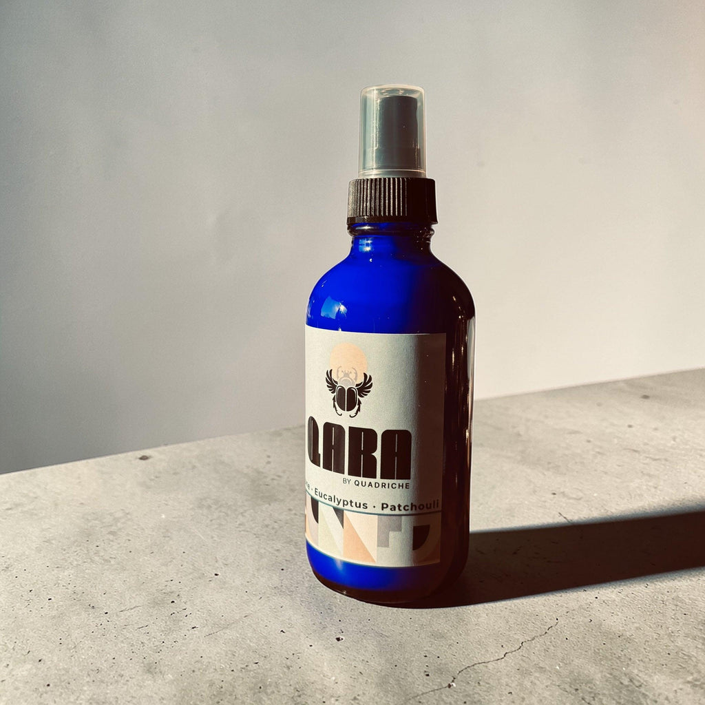 Dew QARA by Quadriche room & linen fresh apple scented spray in cobalt blue glass spray bottle