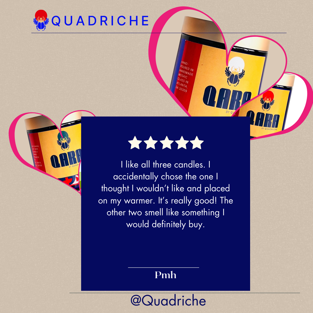 Three Quadriche candles with a five-star review on a beige background