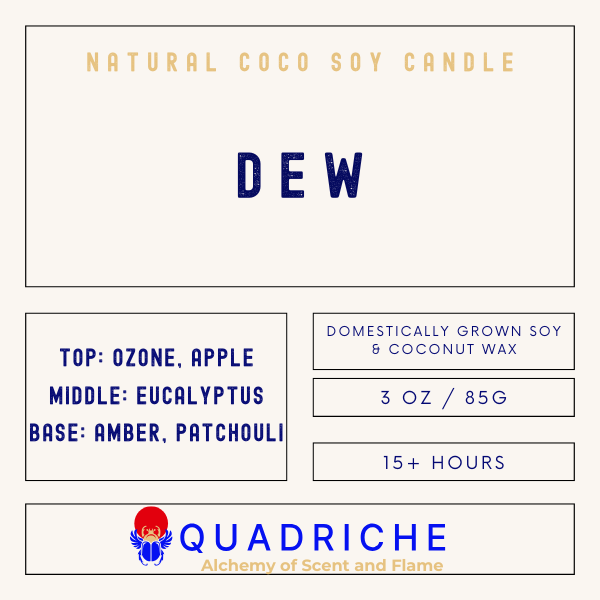 Product label for a natural coco soy candle named 'Dew' by Quadriche.