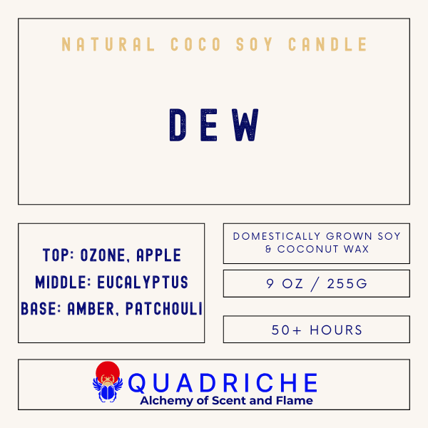 Product label for a candle named 'Dew' by Quadriche with details on scent notes and packaging.