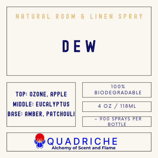 Product label for 'Dew' natural room & linen spray by Quadriche