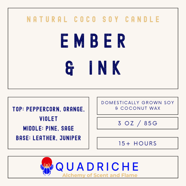 Label for a natural coco soy discovery travel candle named 'Ember & Ink' by Quadriche.