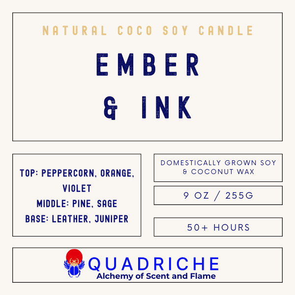 Label for a natural coco soy candle named 'Ember & Ink' by Quadriche.