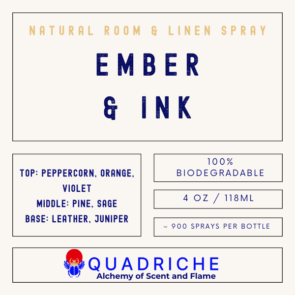Quadriche Ember & Ink room and linen spray packaging with product details.