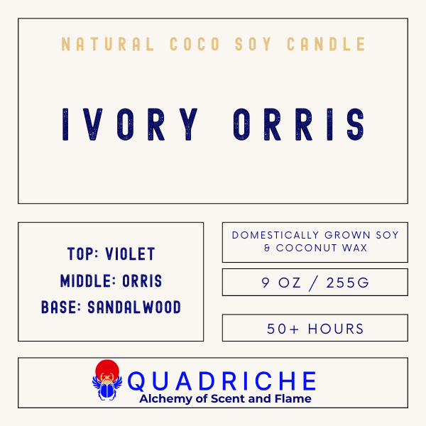 Label for a natural coco soy candle named 'Ivory Orris' by Quadriche.