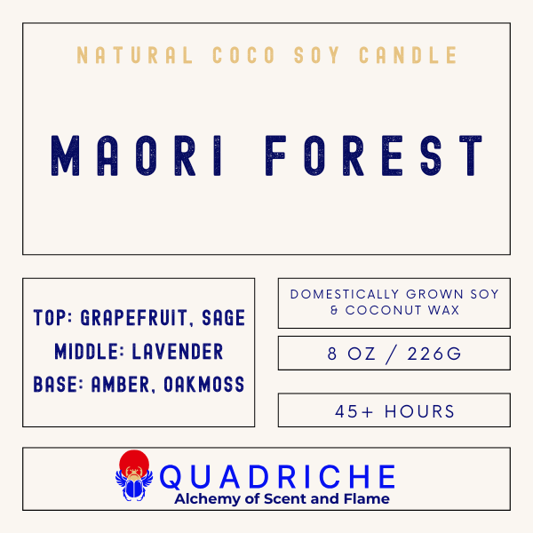 Product label for 'Maori Forest' candle by Quadriche with details on scent, wax type, weight, and burn time.