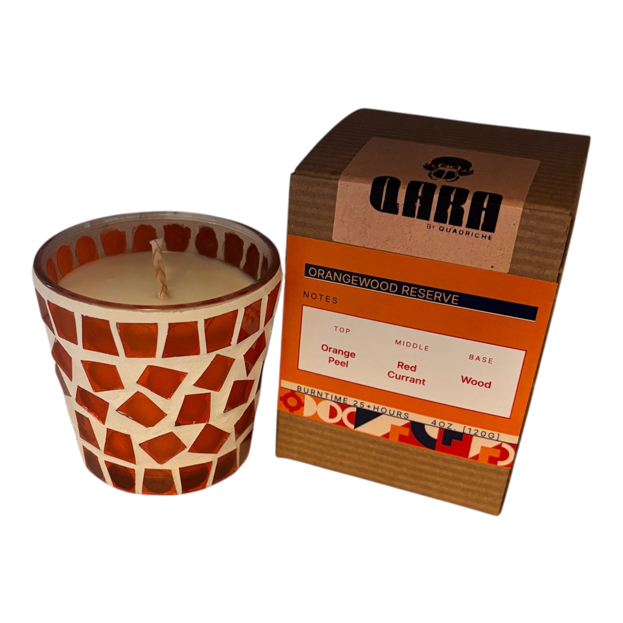 Candle with mosaic design and brand QARA on a white background