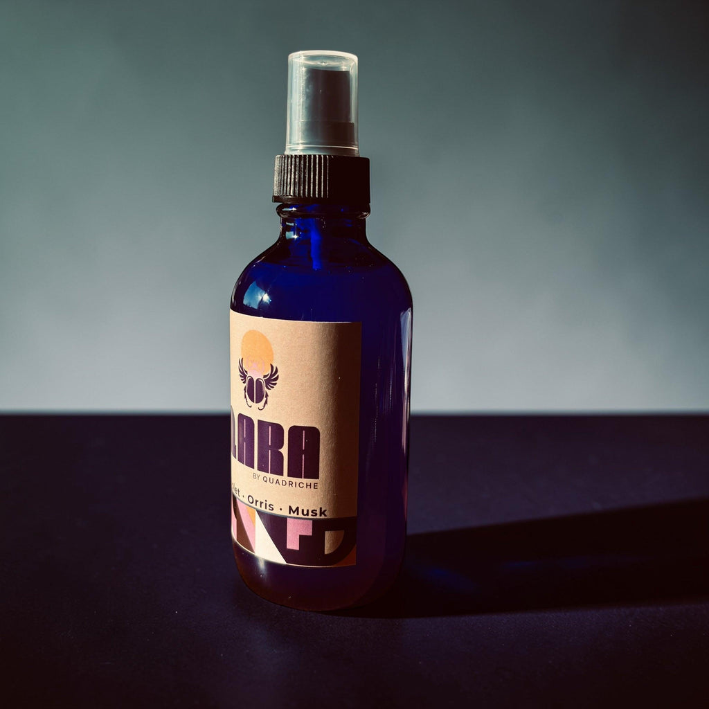 QARA by Quadriche Violet Ember Room & Linen Spray in cobalt blue glass