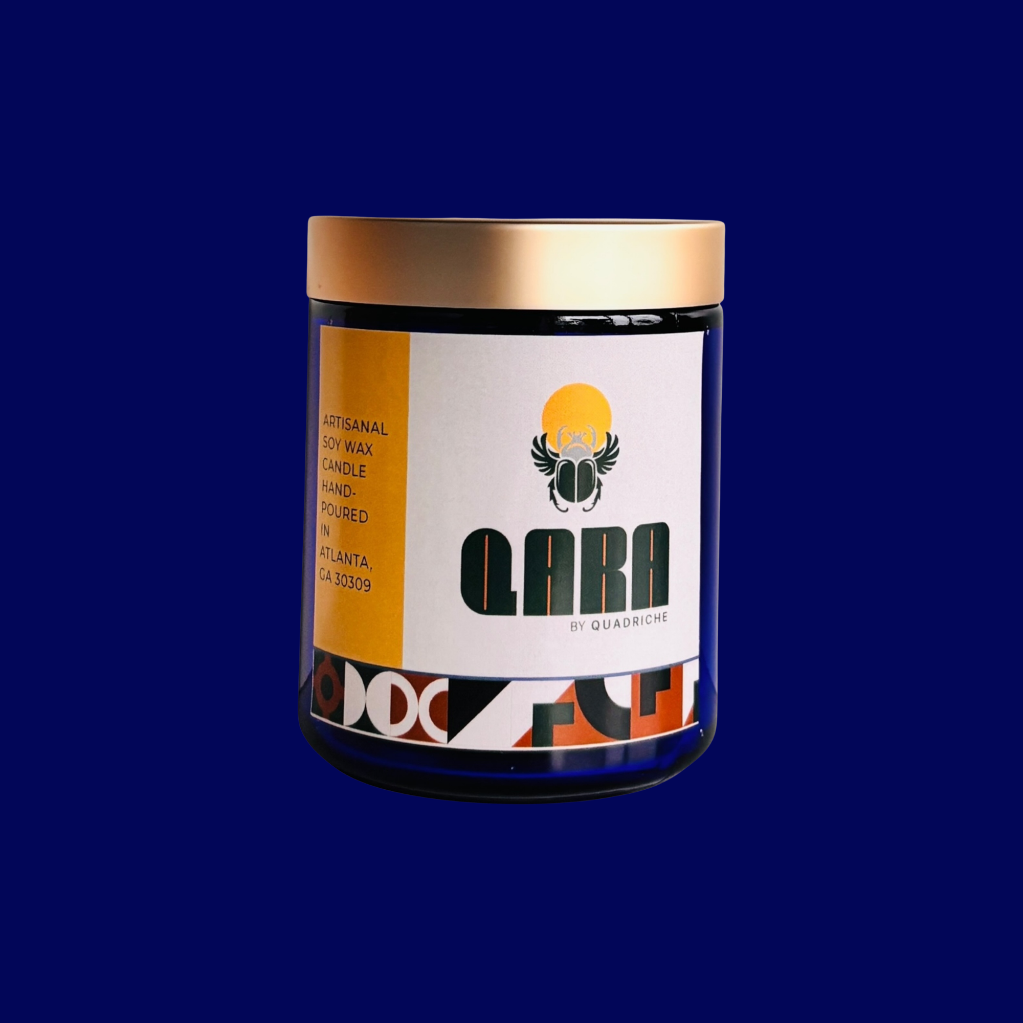 Candle jar with a colorful label on a blue background