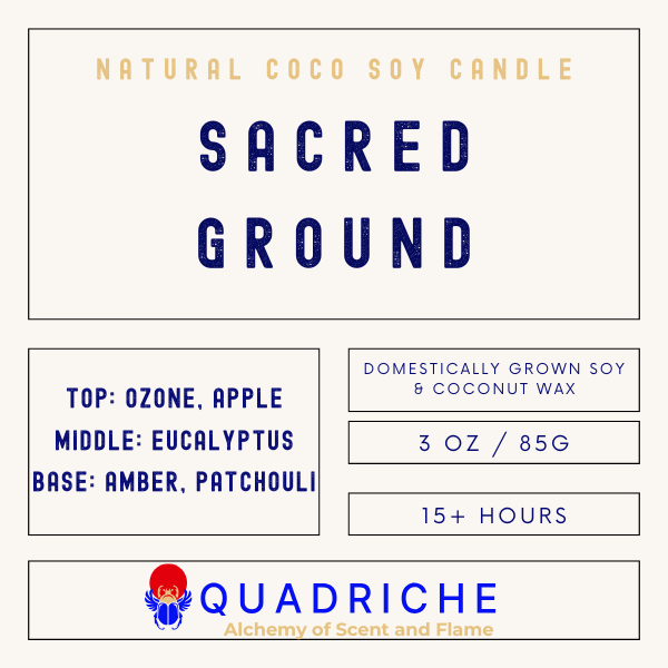 Product label for 'Sacred Ground' candle by Quadriche with scent notes and branding.