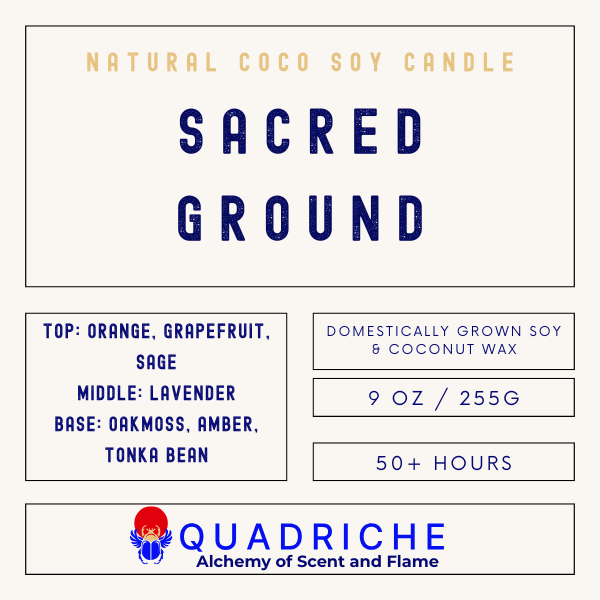 Product label for 'Sacred Ground' candle by Quadriche with wax and scent information.
