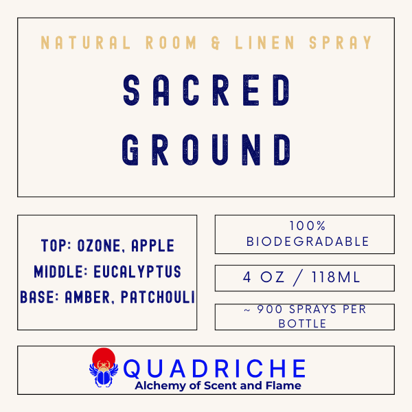 Product label for 'Sacred Ground' natural room & linen spray by Quadriche.