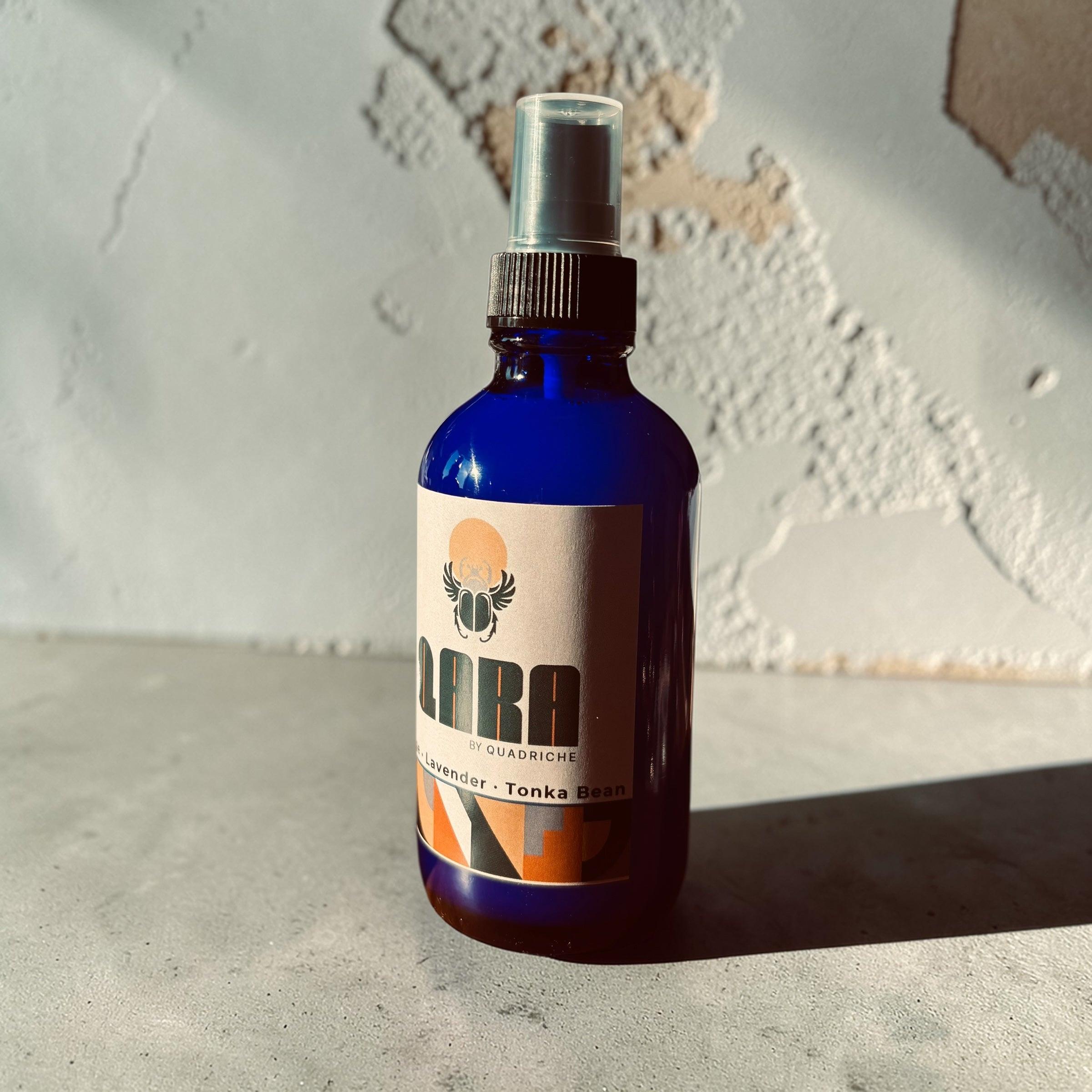 Sacred Ground QARA by Quadriche oakmoss room & linen scented spray in cobalt blue glass spray bottle