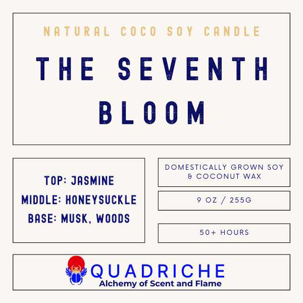 Product label for 'The Seventh Bloom' candle by Quadriche with details on scent, wax type, and duration.
