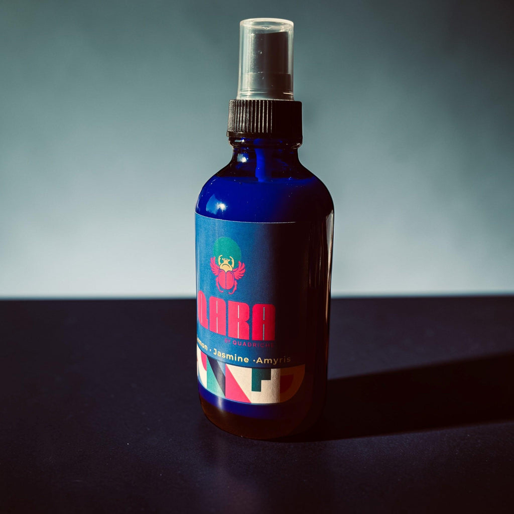 Seventh Bloom QARA by Quadriche jasmine room & linen scented spray in cobalt blue glass spray bottle