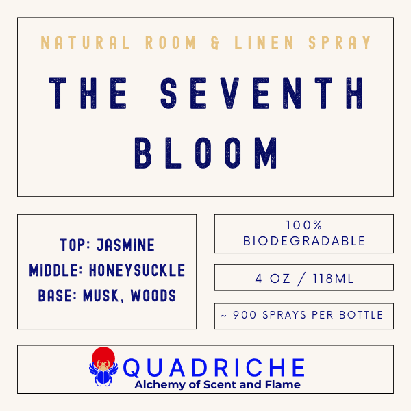 Product label for 'The Seventh Bloom' natural room & linen spray by Quadriche.