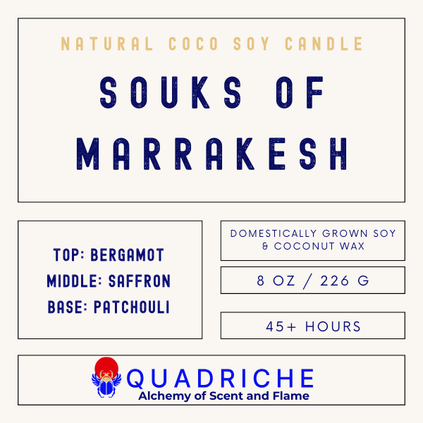 Product label for 'Souks of Marrakesh' candle by Quadriche with wax and burn time details.