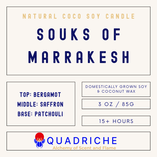 Product label for 'Souks of Marrakesh' candle by Quadriche with wax and burn time details.