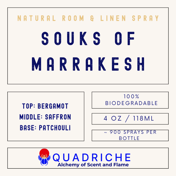 Product label for 'Souks of Marrakesh' natural room & linen spray by Quadriche.