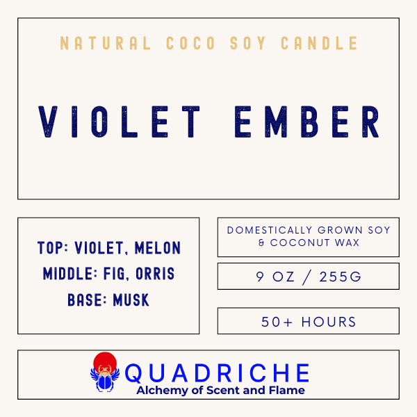 Label for a natural coco soy candle named 'Violet Ember' by Quadriche.