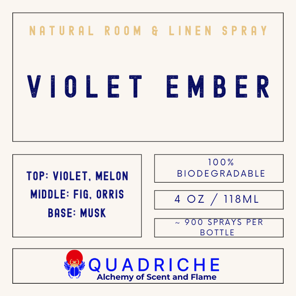 Label for Quadriche Violet Ember natural room and linen spray with product details.