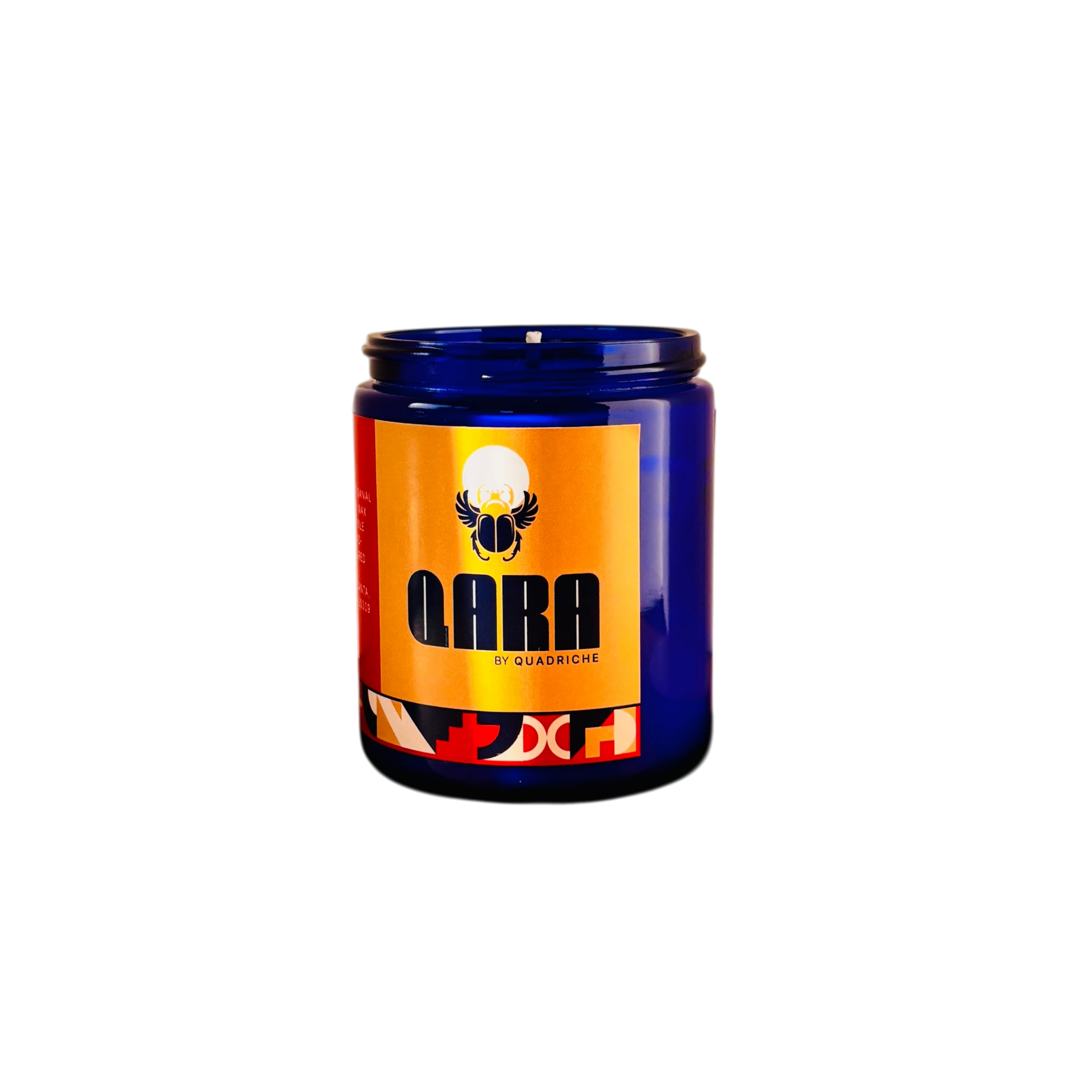 Cobalt blue glass natural soy wax candle with 'Qara Orangewood Reserve' branding on a white background